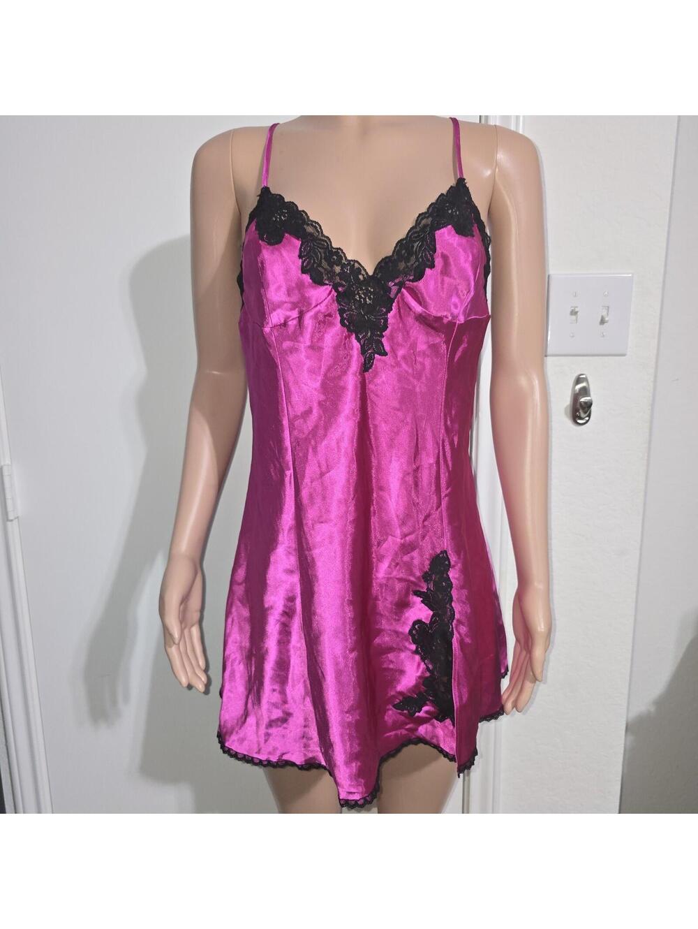Fredericks Of Hollywood Y2K VTG Chemise Pink Black Lace Satin Slip Babydoll XL